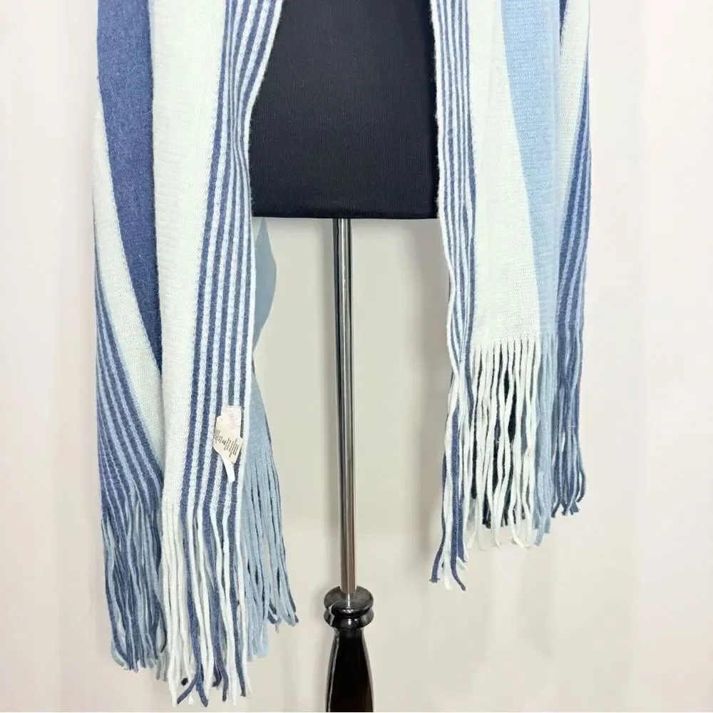 Free People Color Block Blue Stripe Oversized Fringed Edge Scarf Shawl Wrap